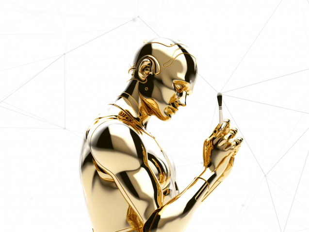Ein goldener humanoider KI-Roboter betrachtet einen Künstlerpinsel in seiner Hand.