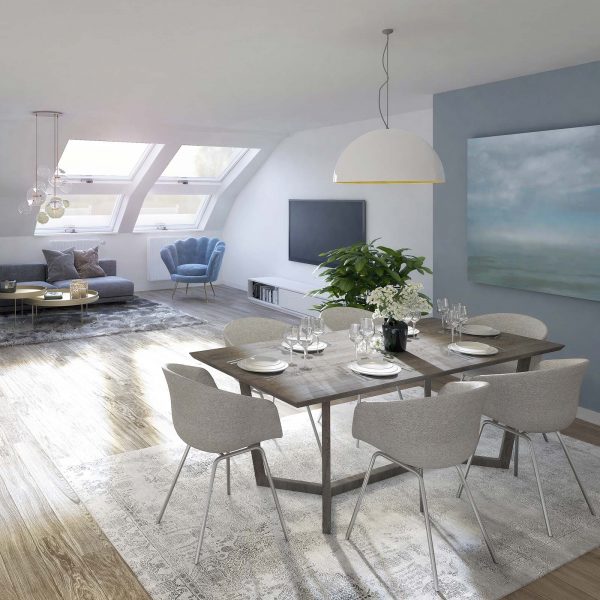 Abbildung einer professionellen 3D Visualisierung eines modernen, geschmackvoll eingerichteten Innenraum für ein Neubauprojekt, ausgeführt von Silisight im Auftrag der TAG EINS Werbeagentur aus Frankfurt am Main